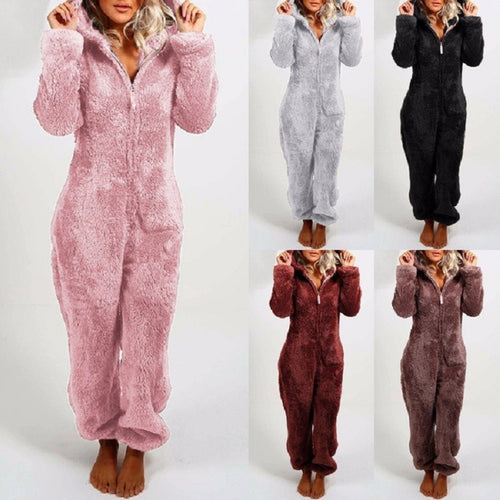 Women's Pajamas Furry Zipper Jumpsuit Hooded Pajamas