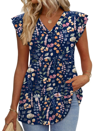 Casual Summer V-Neck Ruffle Sleeve Babydoll Shirt