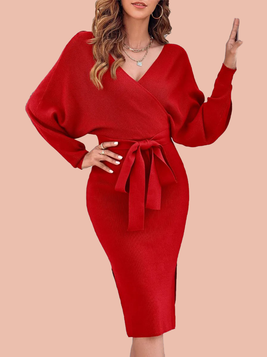 Women's Wrap V Neck Slit Sweater Dresses