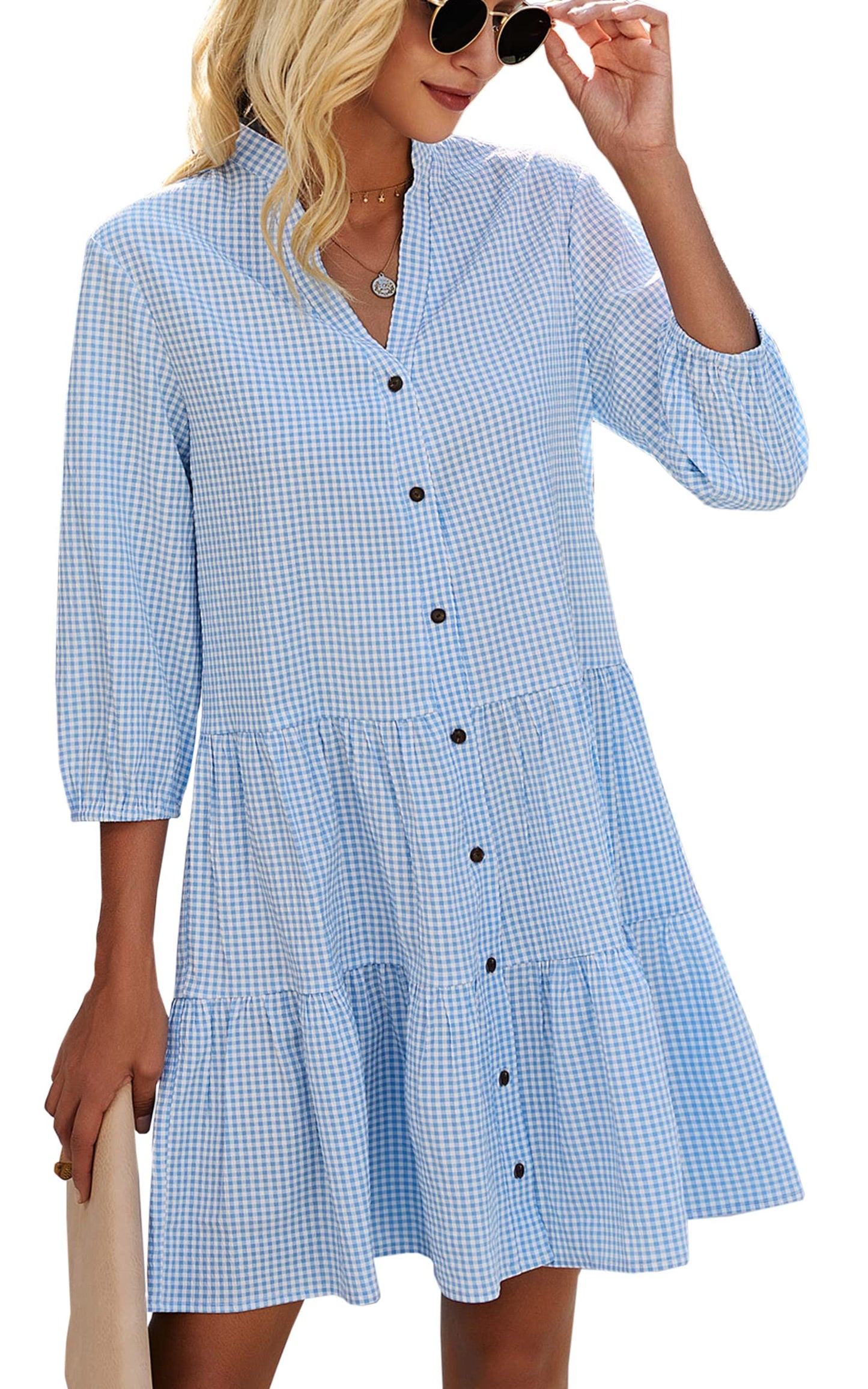 Women's Button Down 3/4 Sleeve Gingham Shirt Dress