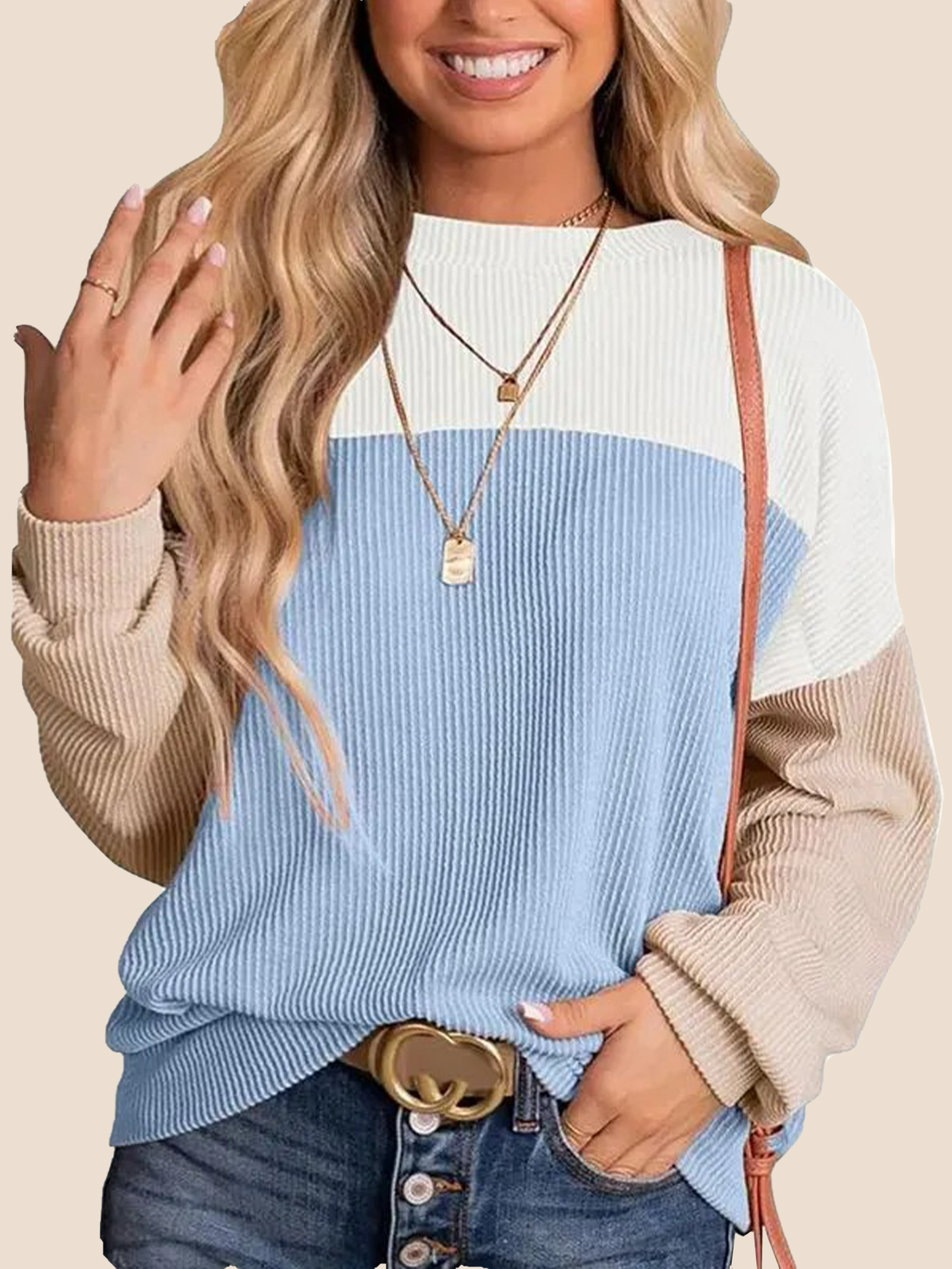 Women's Crewneck Color Block Ribbed Tops