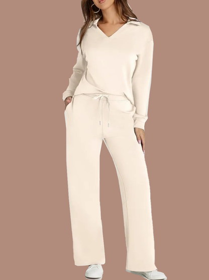 Women's Casual Polo Top and Wide Leg Pants Matching Sets