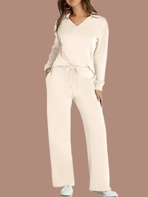 Women's Casual Polo Top and Wide Leg Pants Matching Sets