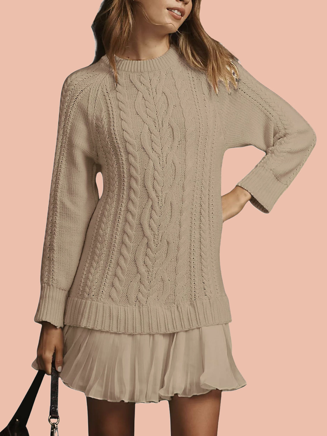 Women's Crewneck Cable Knit Sweater Mini Dress