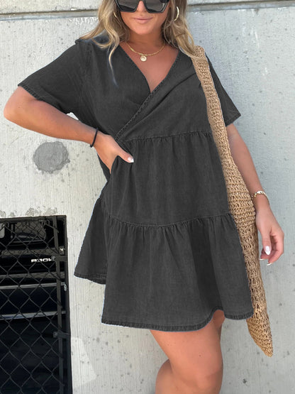 Denim Ruffle V-Neck Mini Dress