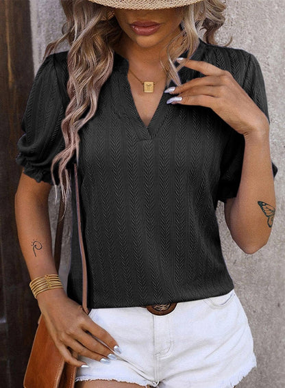 Women's V-Neck  Puff-Sleeve Textured Knit Top