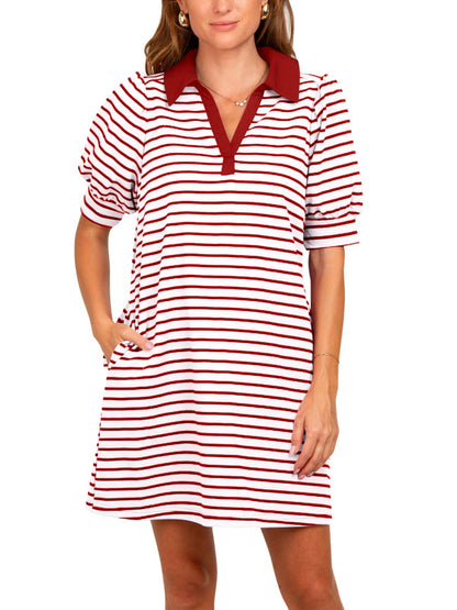 Women's Striped Puff Polo T-shirt Dresses with Pockets