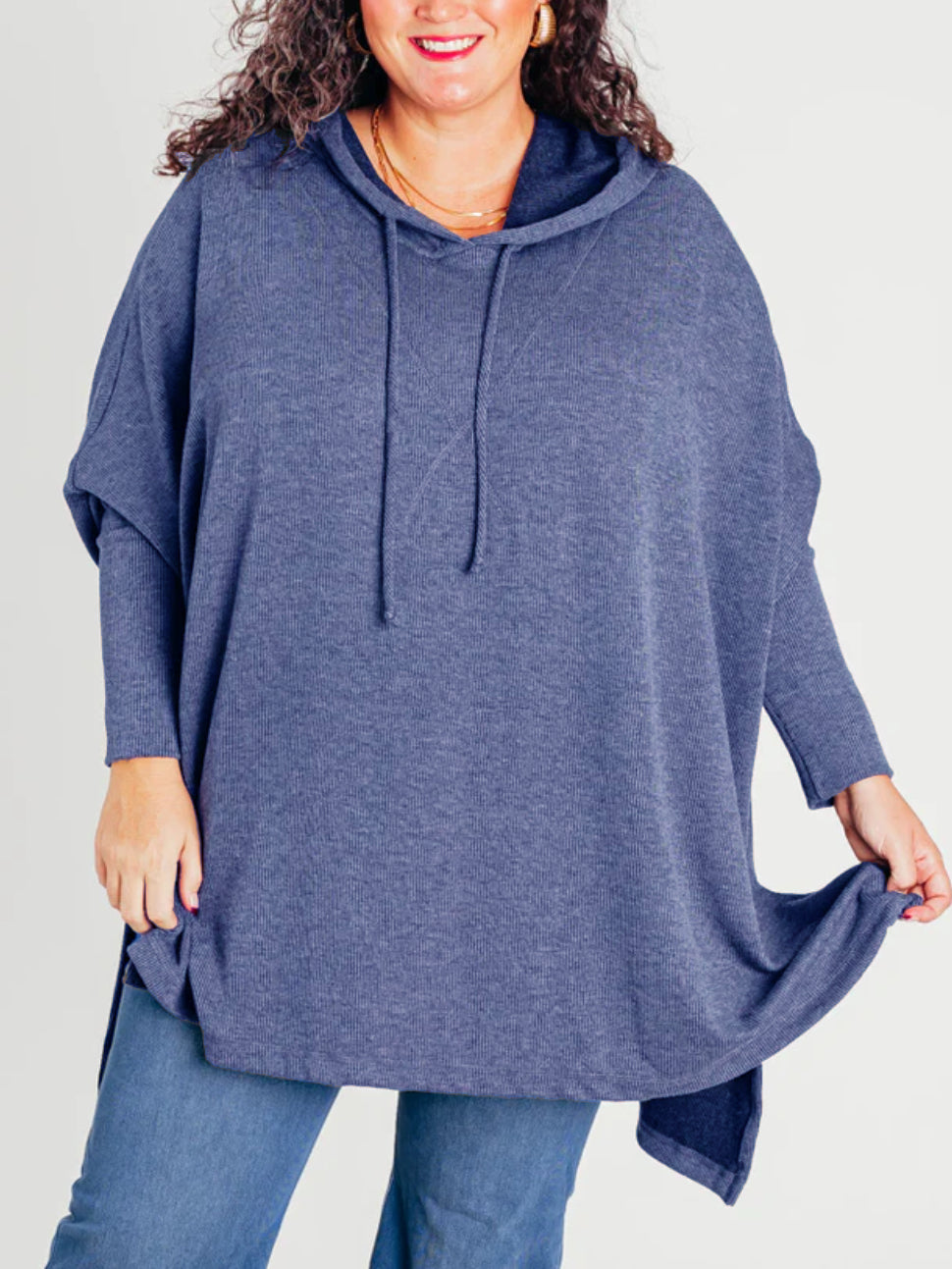 Women's Oversized Bat Sleeve Ribbed Hooded Pullover