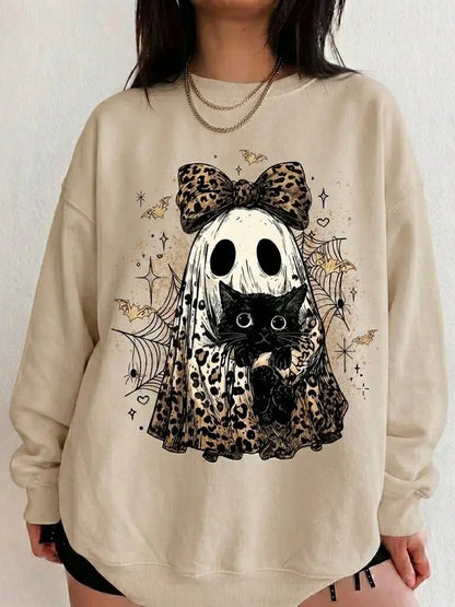 Vintage Halloween Leopard Bow Ghost Black‑Cat Sweatshirt