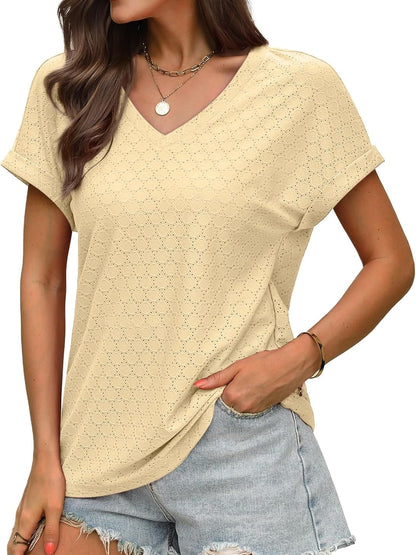 Women's Casual V Neck Short Sleeve Eyelet Tops