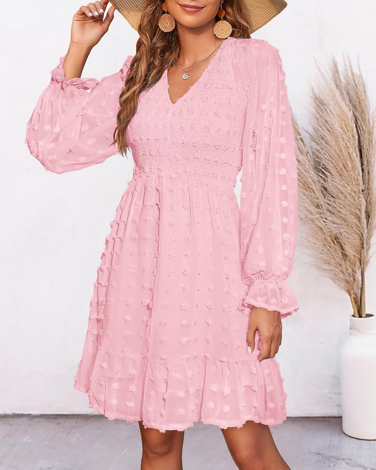 Women's Spring V Neck Swiss Dot Chiffon Mini Dress