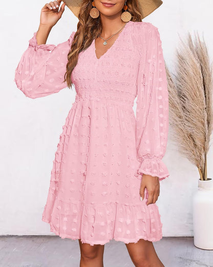 Women's Spring V Neck Swiss Dot Chiffon Mini Dress