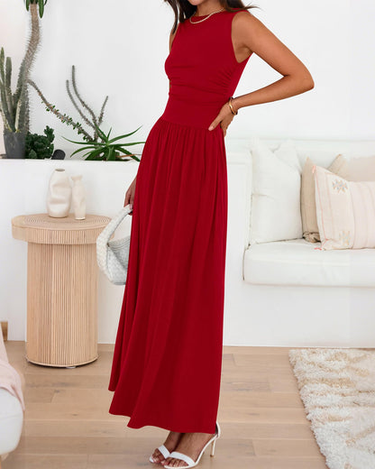 Women's Solid Sleeveless Ruched High Waisted Tank Dress with Pockets