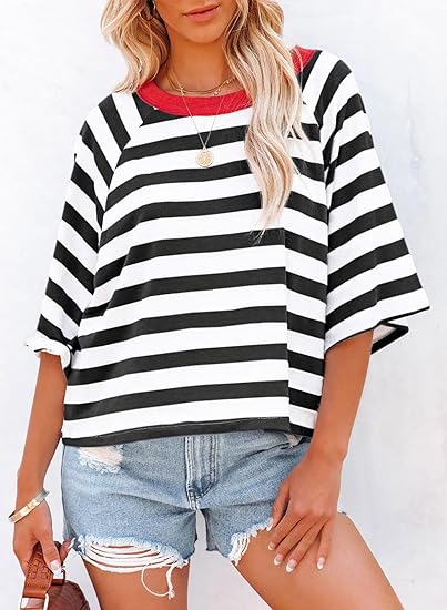 Women's Casual Striped Round Neck Loose Short Sleeve T-Shirt