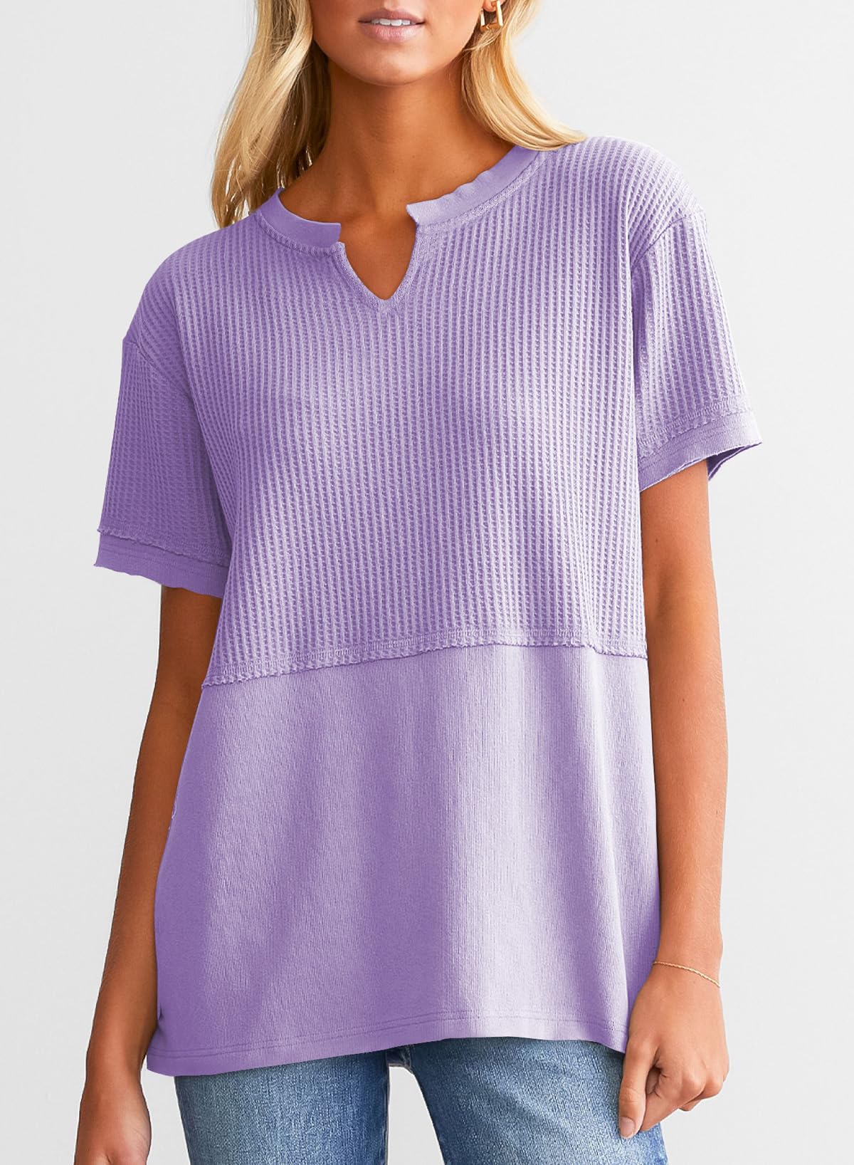 Women's Casual  Waffle Knit Short Sleeve Top
