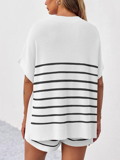 Women's Striped Batwing Short Sleeve Tops High Waisted Shorts Knit Lounge Sets