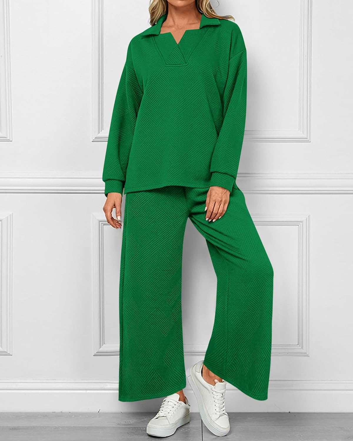 Women's Lapel V Neck Textured Lounge Sets