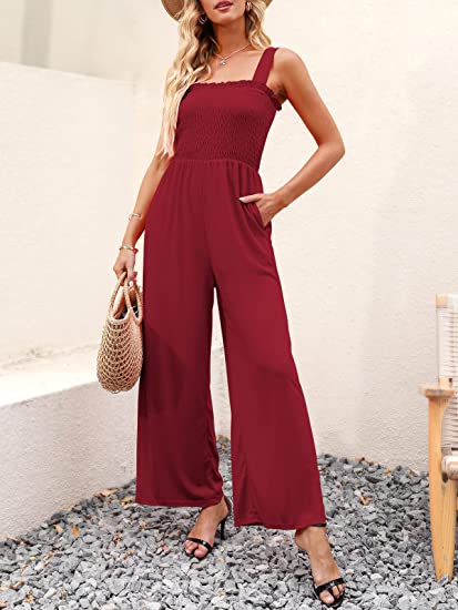 Smocked Wide Leg Jumpsuit Rompers with Pockets