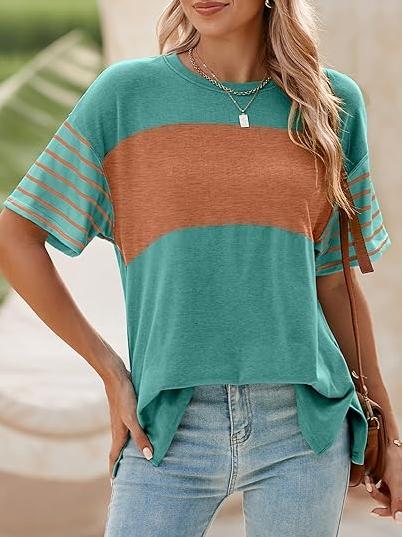 Women's Casual Crewneck Color Block Striped T-shirt