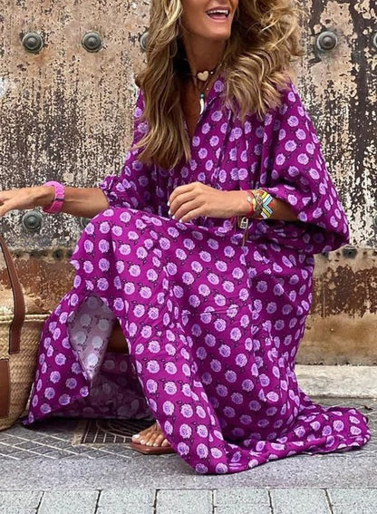 Women's Puff Sleeve Smocked Ruffle Boho Maxi Dress