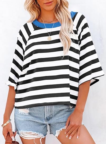 Women's Casual Striped Round Neck Loose Short Sleeve T-Shirt