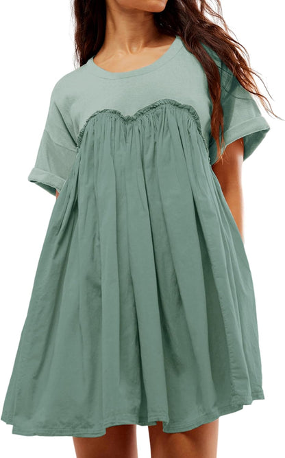 Women's Summer Pleated Babydoll Dress with Pockets
