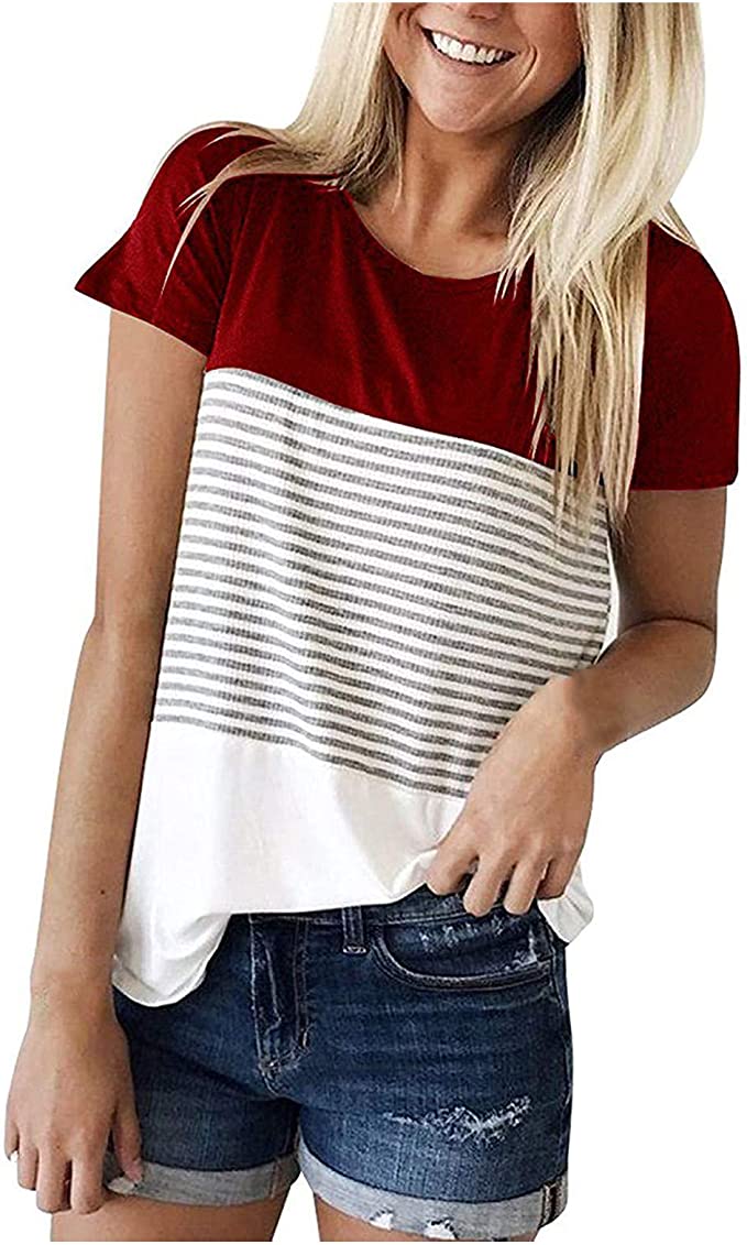 Striped Panel Crew Neck Short Sleeve Casual T-Shirt