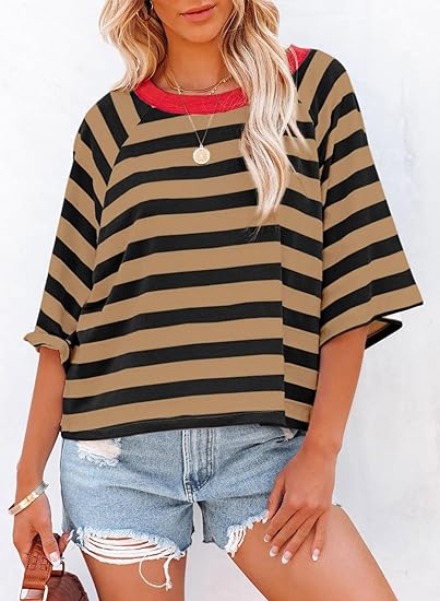 Women's Casual Striped Round Neck Loose Short Sleeve T-Shirt