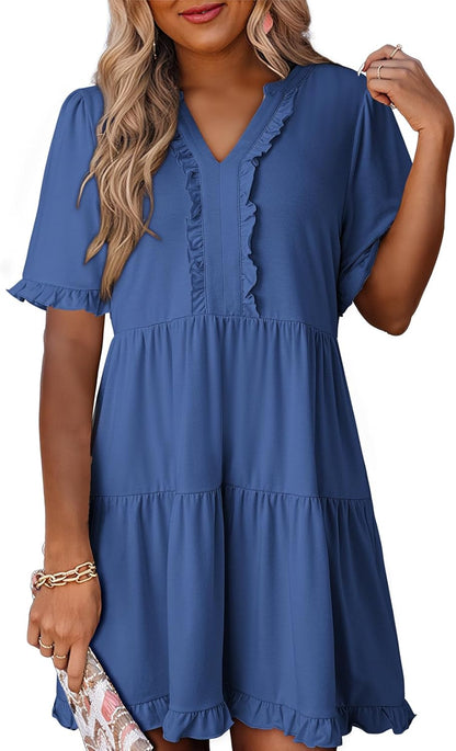Women's V Neck Short Sleeve Casual A Line Flowy Swing Dress