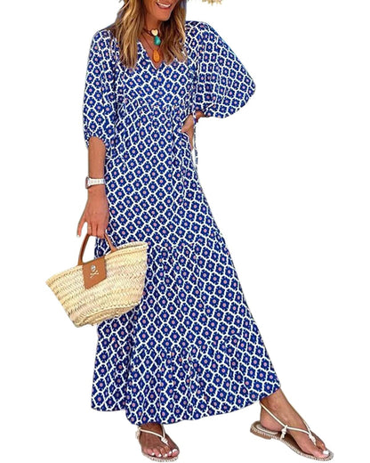 Women's Puff Sleeve Smocked Ruffle Boho Maxi Dress