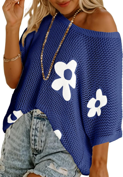 Women's Floral Short Sleeve Crocheted Cover-Up