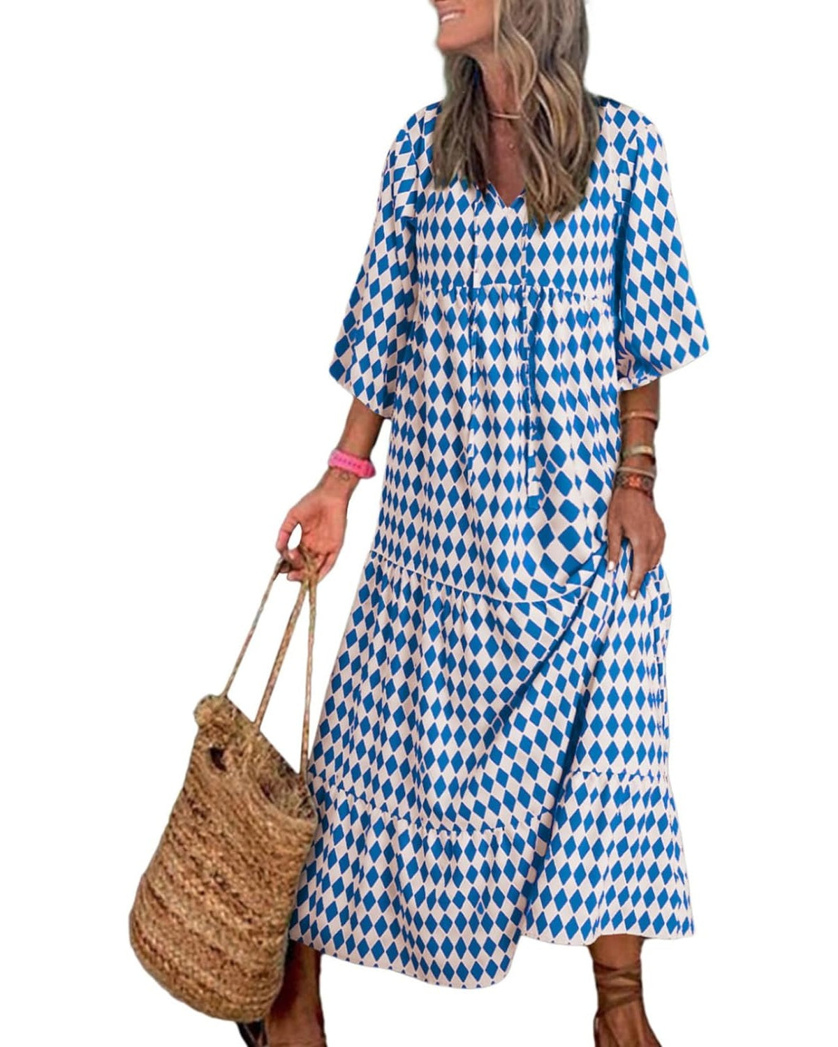 Women's Puff Sleeve Smocked Ruffle Boho Maxi Dress