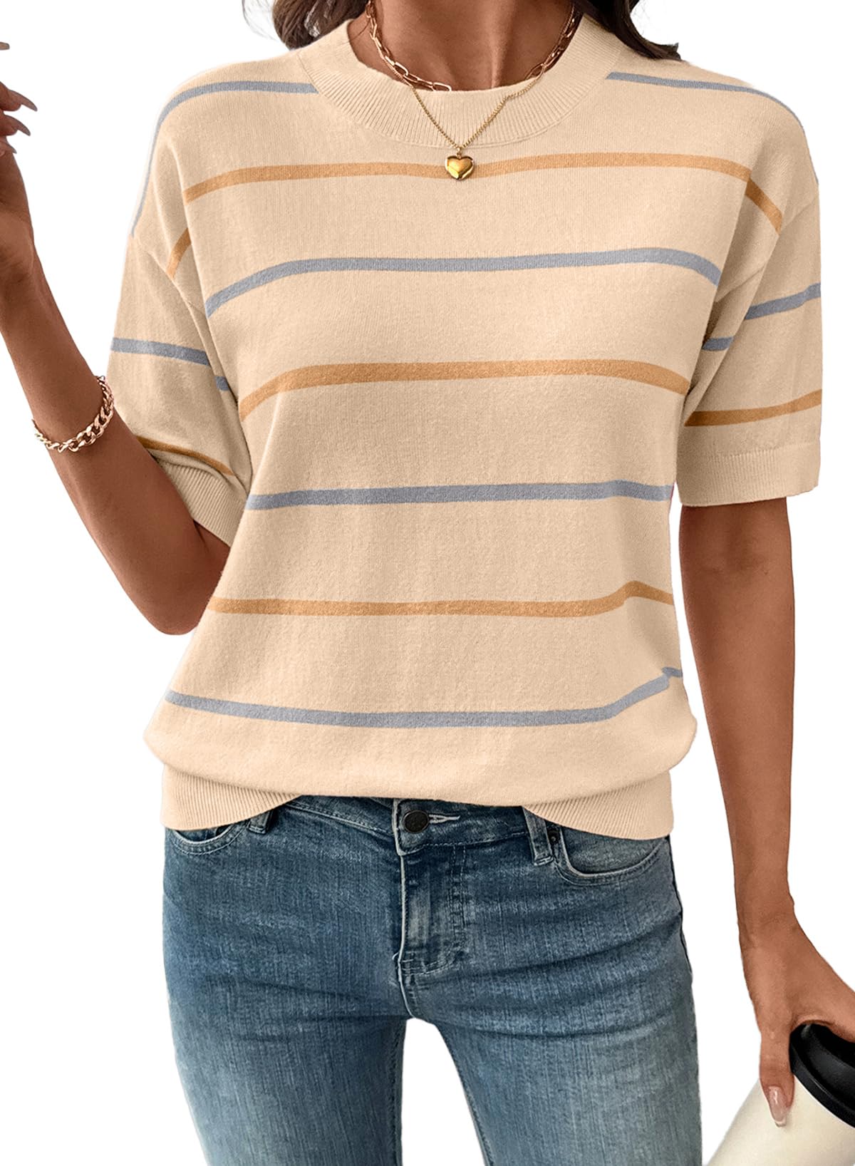 Women's  Crewneck Short Sleeve Knit Striped Tops