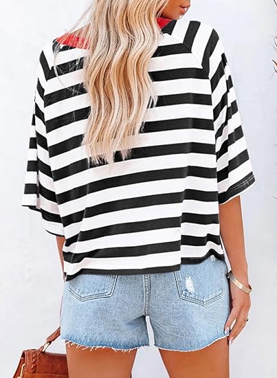 Women's Casual Striped Round Neck Loose Short Sleeve T-Shirt