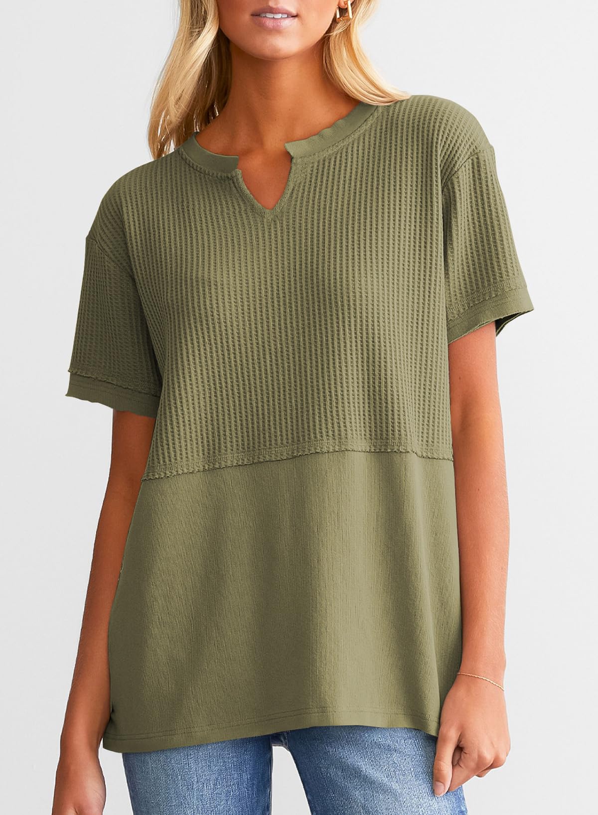 Women's Casual  Waffle Knit Short Sleeve Top