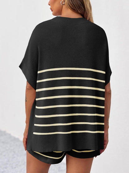 Women's Striped Batwing Short Sleeve Tops High Waisted Shorts Knit Lounge Sets