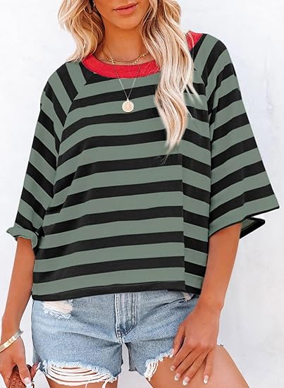Women's Casual Striped Round Neck Loose Short Sleeve T-Shirt