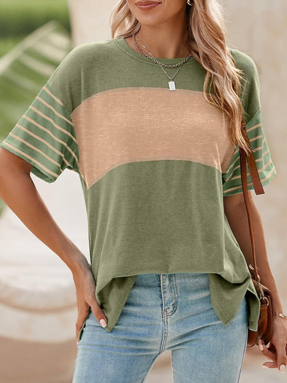 Women's Casual Crewneck Color Block Striped T-shirt