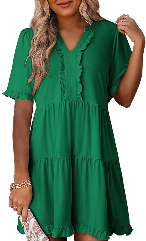 Women's V Neck Short Sleeve Casual A Line Flowy Swing Dress