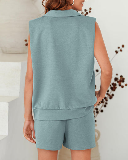 Women's Oversized Sleeveless Sweatshirt Shorts Two Piece Set