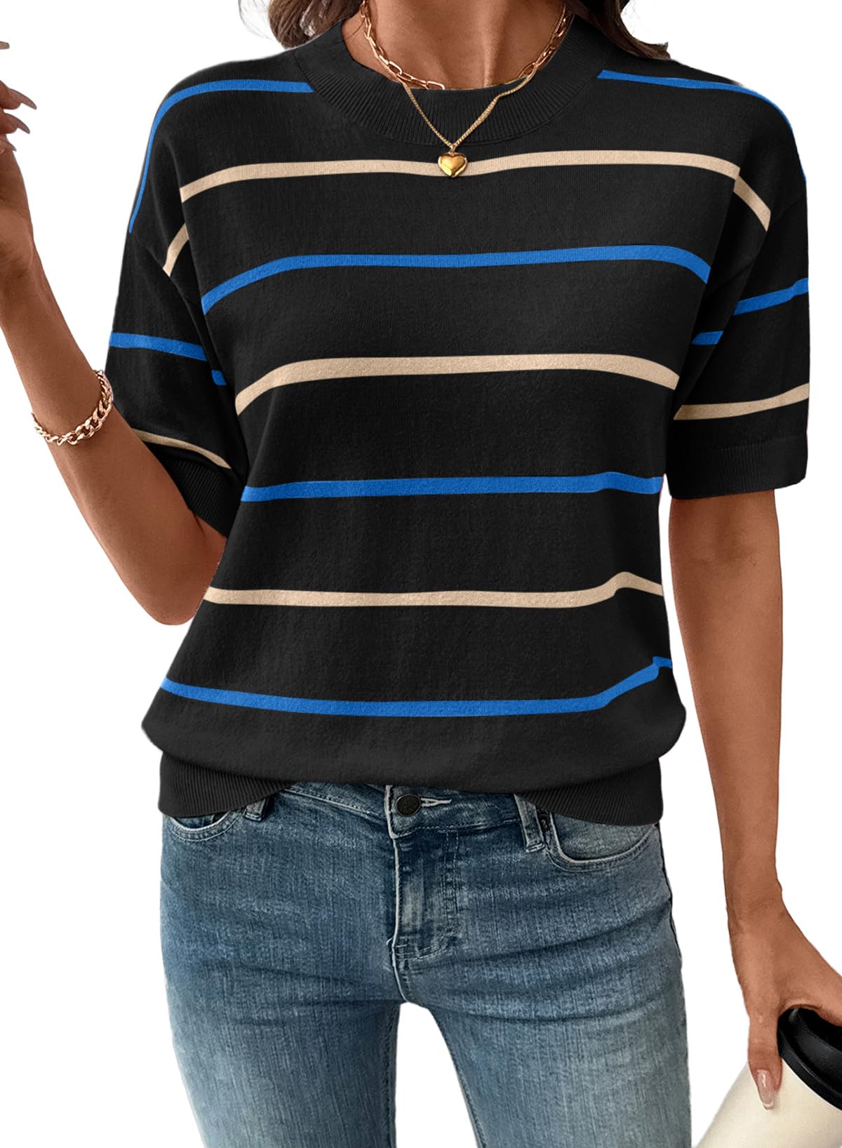 Women's  Crewneck Short Sleeve Knit Striped Tops