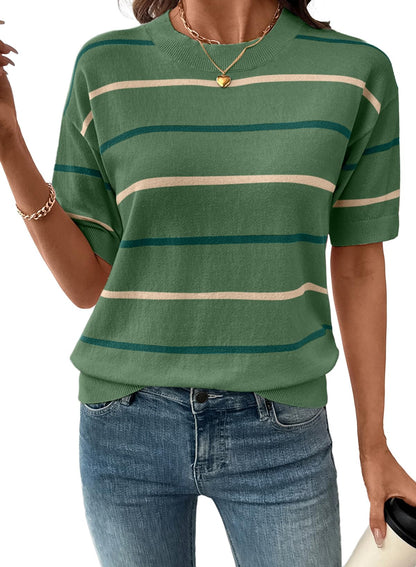 Women's  Crewneck Short Sleeve Knit Striped Tops