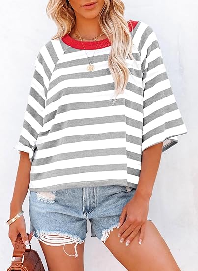 Women's Casual Striped Round Neck Loose Short Sleeve T-Shirt
