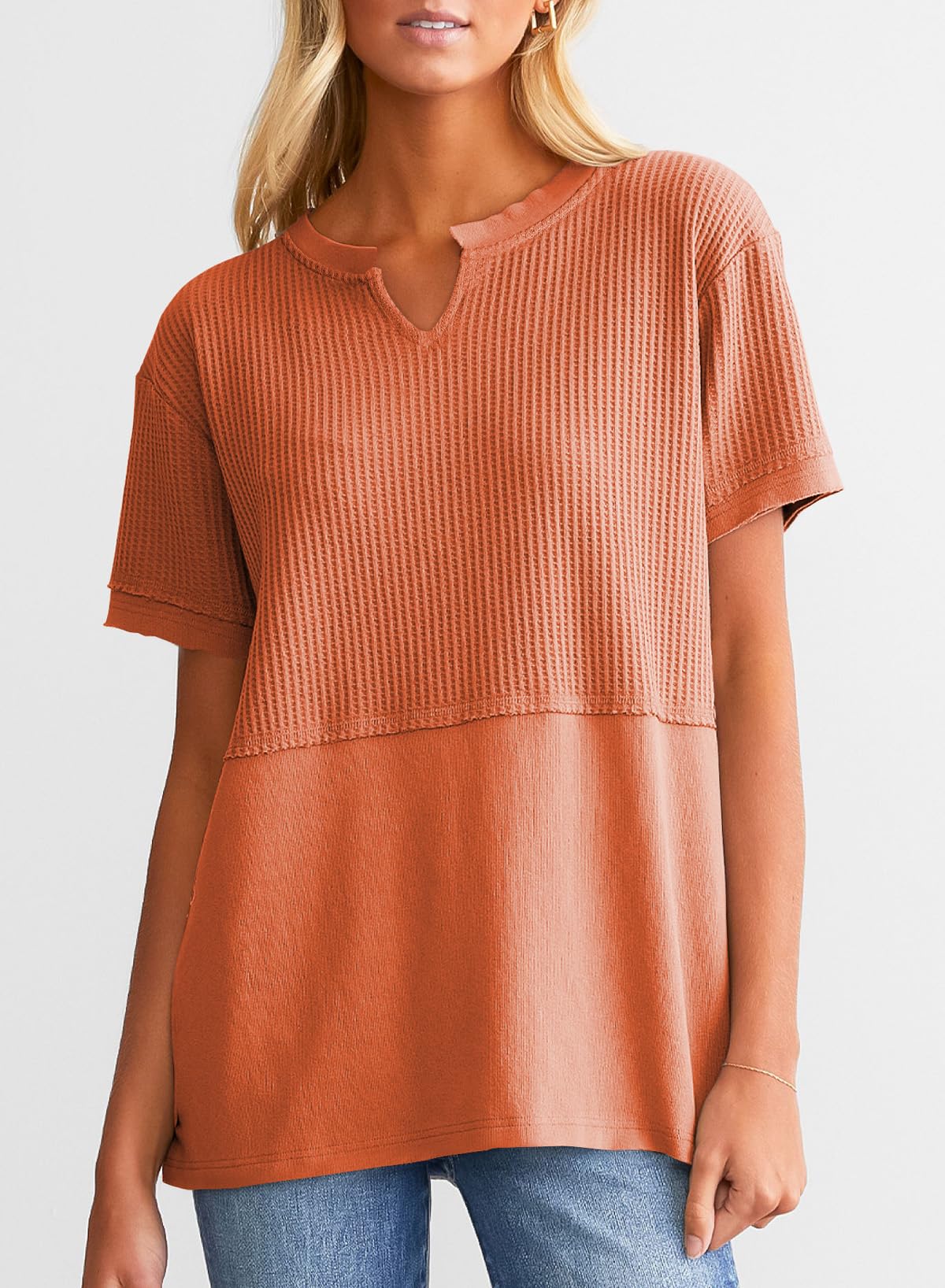 Women's Casual  Waffle Knit Short Sleeve Top