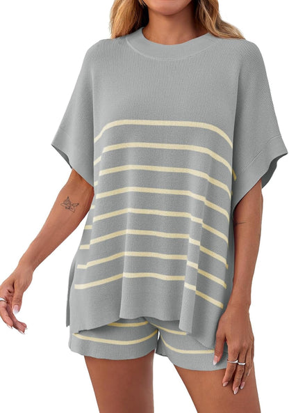 Women's Striped Batwing Short Sleeve Tops High Waisted Shorts Knit Lounge Sets