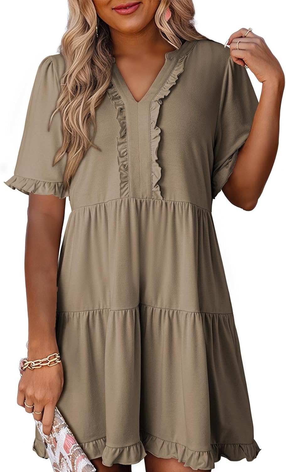Women's V Neck Short Sleeve Casual A Line Flowy Swing Dress