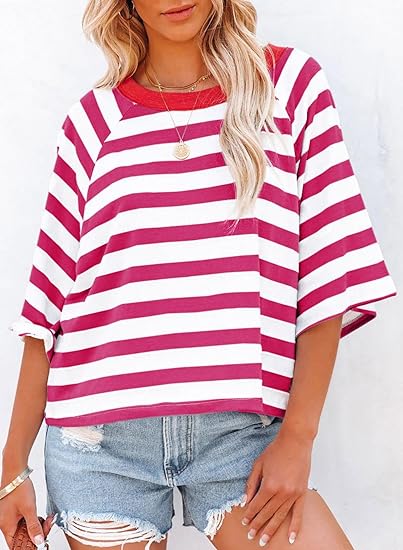Women's Casual Striped Round Neck Loose Short Sleeve T-Shirt