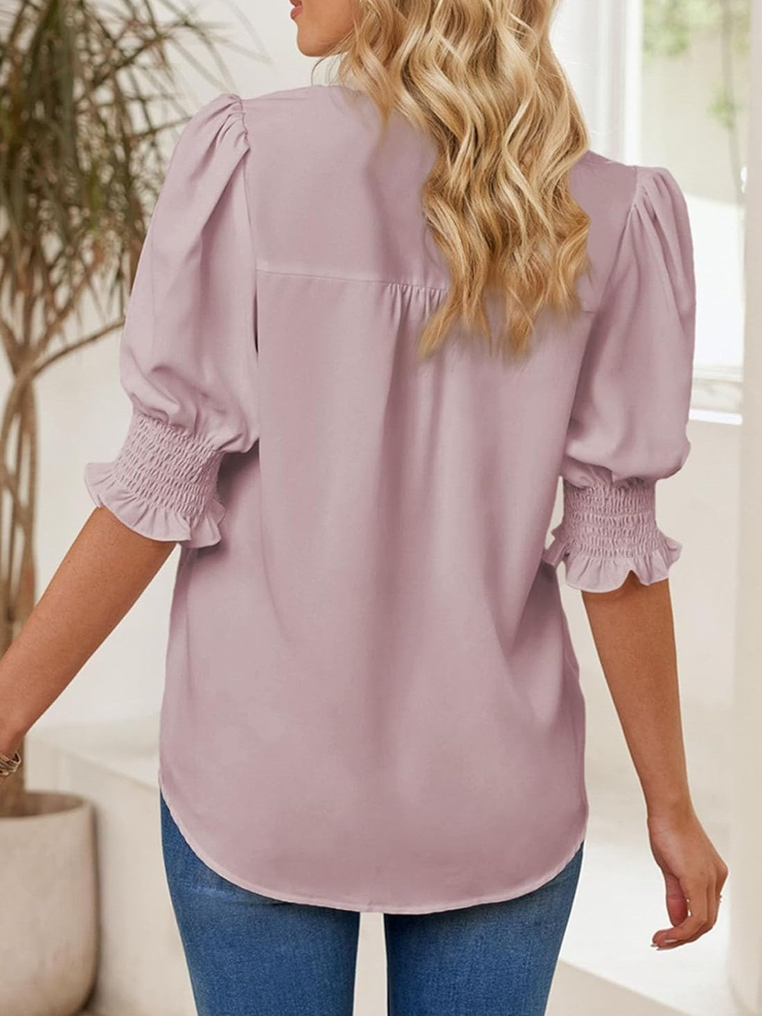 Women's Solid Casual V Neck Puff Sleeve Shirts