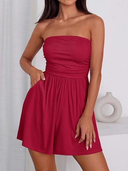 Women's Strapless Short Romper with Side Pockets