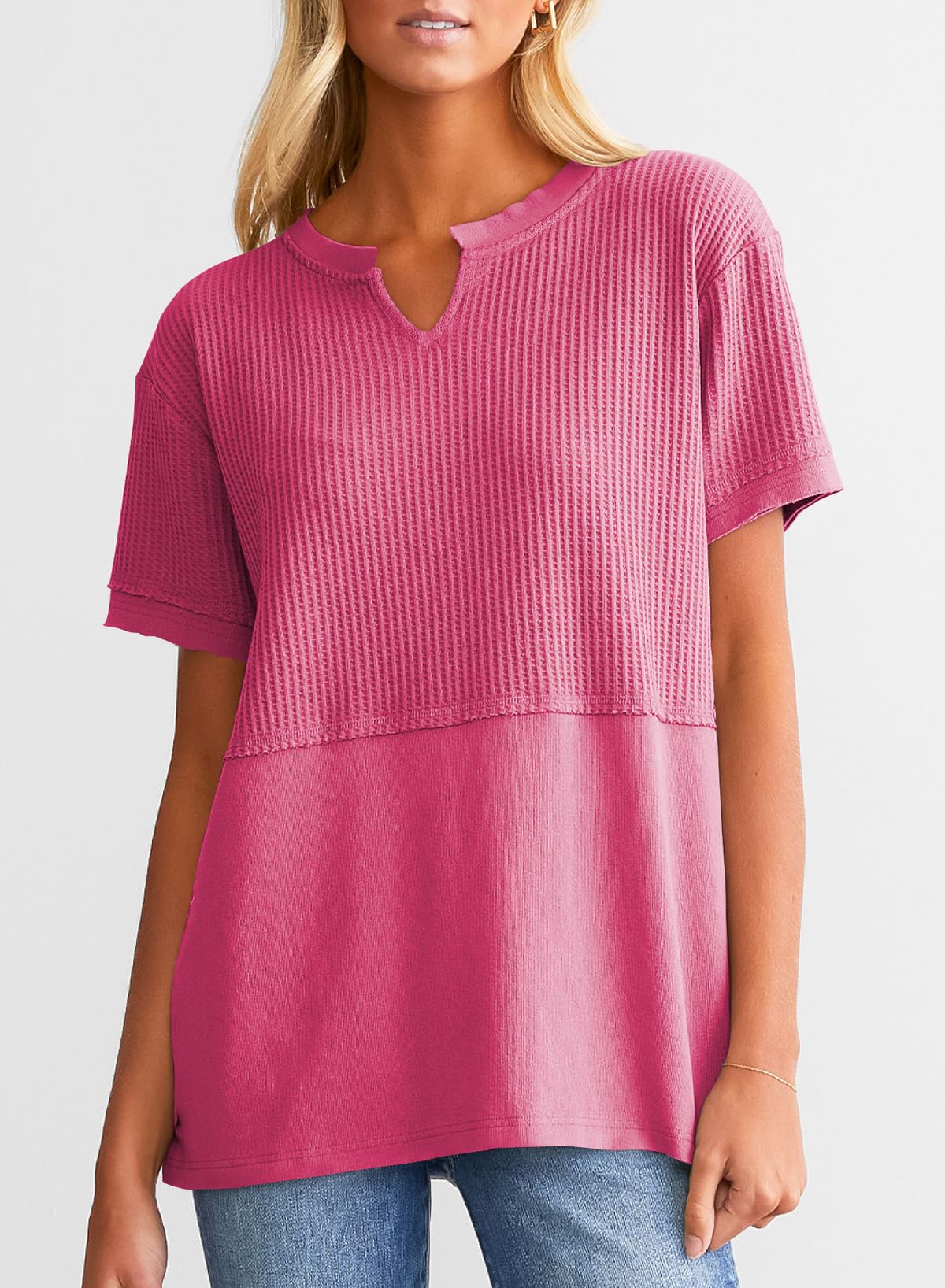 Women's Casual  Waffle Knit Short Sleeve Top